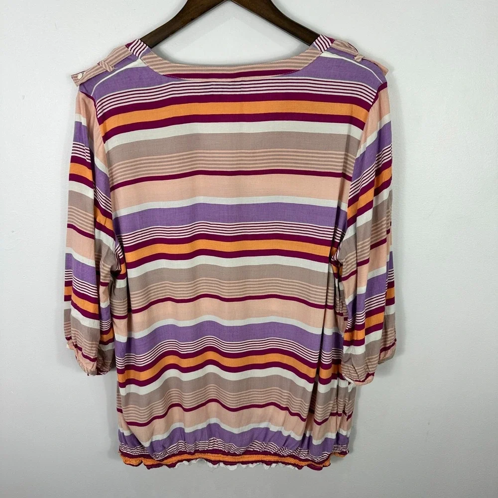 a.n.a Striped Blouse 1X  Boho V Neck 3/4 Sleeve Smocked Hem Retro Artsy Festival